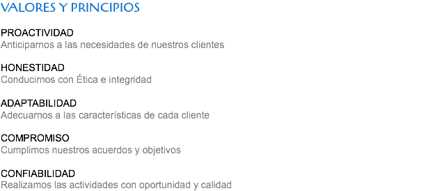 VALORES Y PRINCIPIOS PROACTIVIDAD Anticiparnos a las necesidades de nuestros clientes HONESTIDAD Conducirnos con Ética e integridad ADAPTABILIDAD Adecuarnos a las características de cada cliente COMPROMISO Cumplimos nuestros acuerdos y objetivos CONFIABILIDAD Realizamos las actividades con oportunidad y calidad